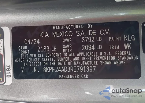 2024 Kia Forte Lxs z USA, uszkodzony, nr VIN 3KPF24AD3RE791397